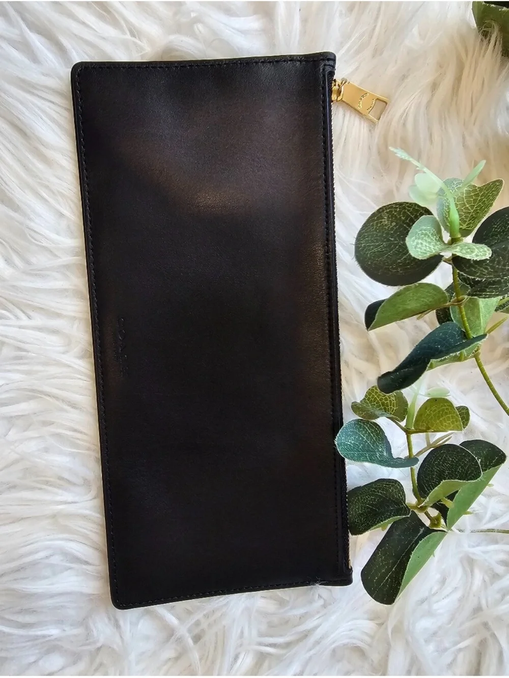 Coach Black Leather Long Zip Pouch with Gold Hardware